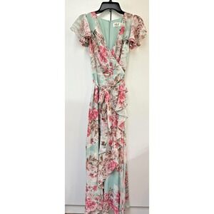 Eliza J Dress Womens 4 Aqua Pink Floral Chiffon Maxi Ruffle Wrap Spring Wedding